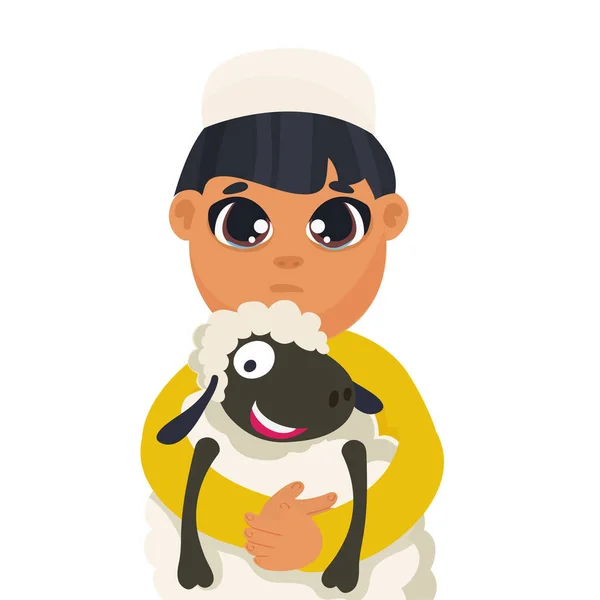 Cartoon Islamic Boy Holding Sheep White Background — Stockový vektor