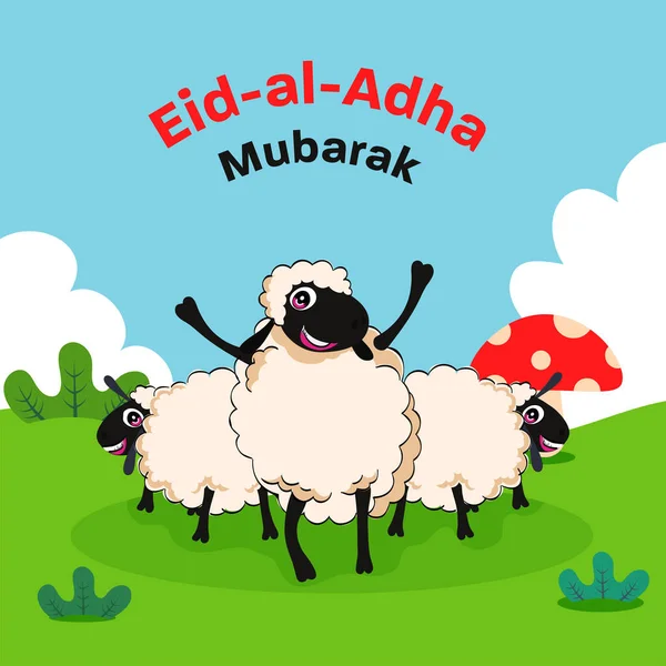 Eid Adha Mubarak Poster Design Funny Three Sheep Mushroom Green — Stock Vector
