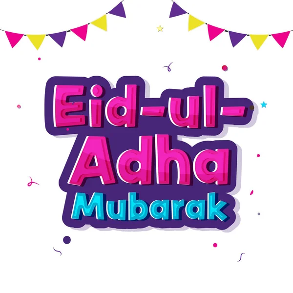Klistermärke Stil Eid Adha Mubarak Font Och Bunting Flaggor Vit — Stock vektor