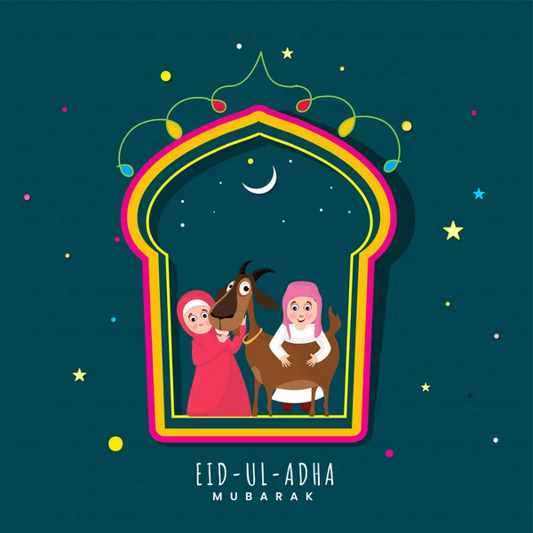 Eid Adha Mubarak Greeting Card Islamic Kids Holding Goat Crescent — Stockvector