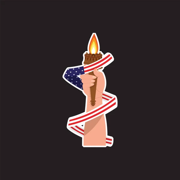 Flaming Torch Trzymając Rękę Falistą American Flag Ribbon Sticker Czarnym — Wektor stockowy