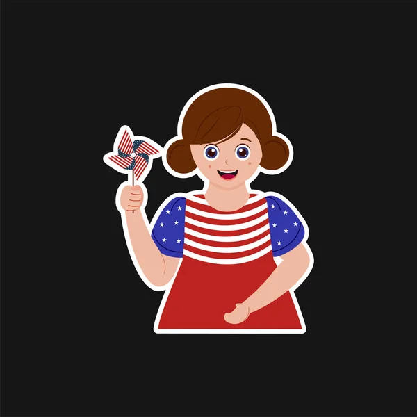 American Flag Color Dress Wearing Happy Little Girl Holding Pinwheel — Vector de stock