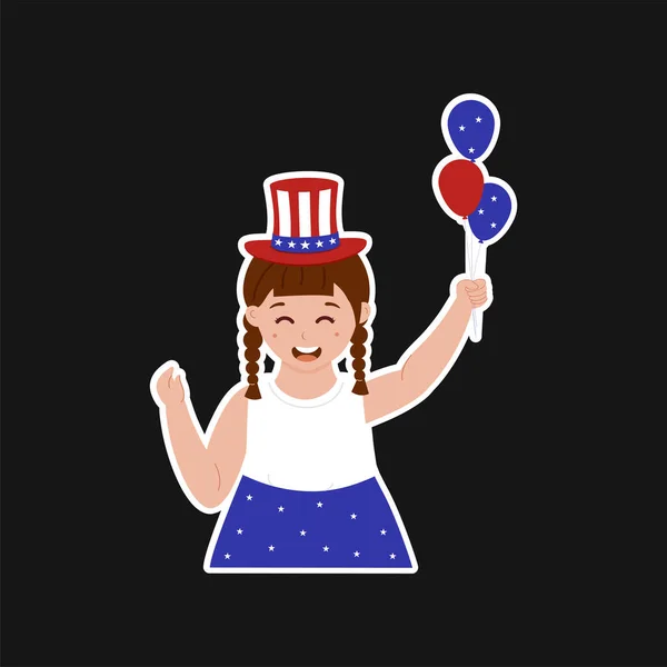 Cute Little Girl Wearing American Hat Holding Balloon Sticker Style — Image vectorielle