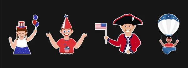 Sticker Style Cartoon Boy Girl Playing Balloon Flag American Day —  Vetores de Stock