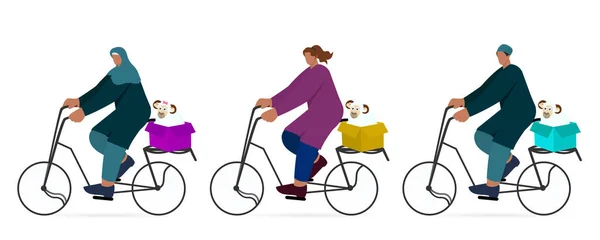 Ilustração Caráter Chartoon Muçulmano Diffrente Conduzindo Uma Bicicleta Com Ovelhas — Vetor de Stock