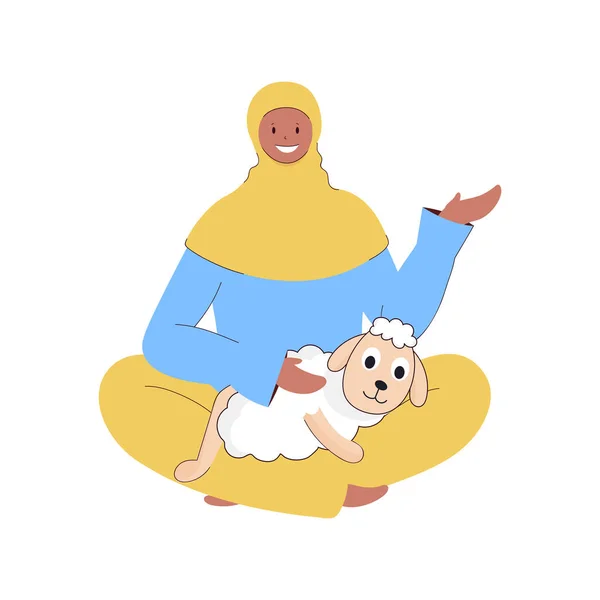 Islamic Young Lady Holding Cartoon Sheep Sitting Pose White Background — стоковый вектор
