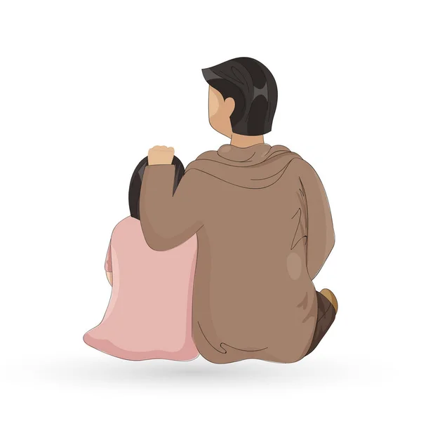 Back View Young Man Sitting His Daughter White Background — Stock Vector