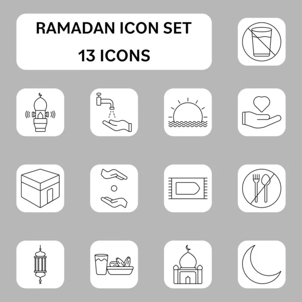 Ramadan Line Art Icon Set Grey White Square Background — Stockvektor