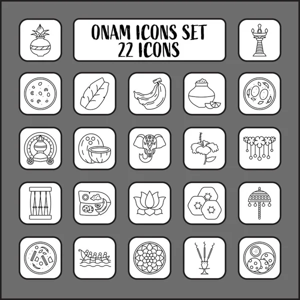 Black Linear Style Onam Festival Icon Symbol Set — Archivo Imágenes Vectoriales
