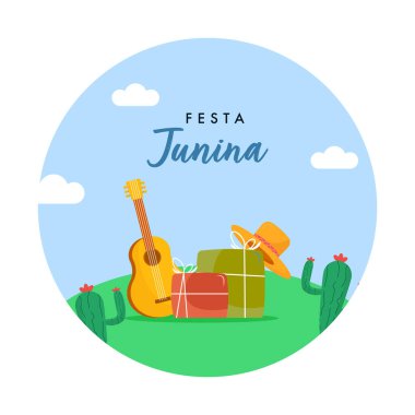 Festa Junina Kutlama Konsepti Düz Stil Hediye Kutuları, Şapka, Gitar, Kaktüs Çiçekleri Mavi ve Beyaz Arkaplanda.