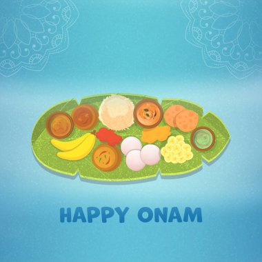 Geleneksel Sadya ile Mavi Arkaplana Karşı Mutlu Onam Kutlama Kavramı.