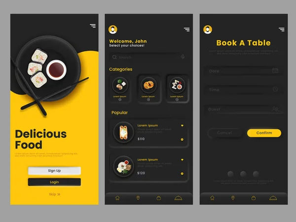 Restaurant Menu App Kit Including Login Category Booking Table Template — Stockvector