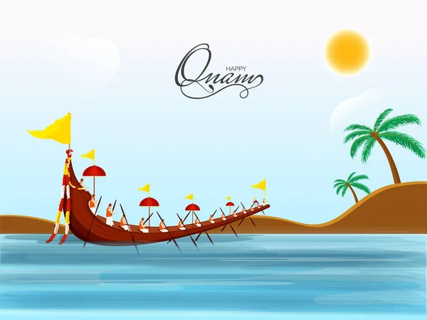 Happy Onam Celebration Background Aranmula Boat Race River Coconut Trees — Stock Vector