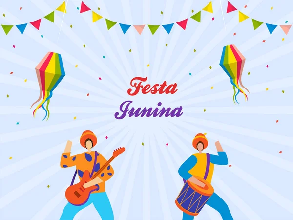 Festa Junina Lettering Cartoon Brazilian Men Playing Music Instrument Colorful — Vector de stock