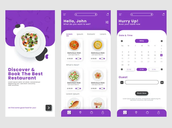 Restaurante Mobile App Gui Splash Screen Template Login Menu Reservar — Vetor de Stock
