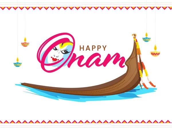 Happy Onam Lettering Kathakali Face Aranmula Boat Race Lit Oil — Vetor de Stock