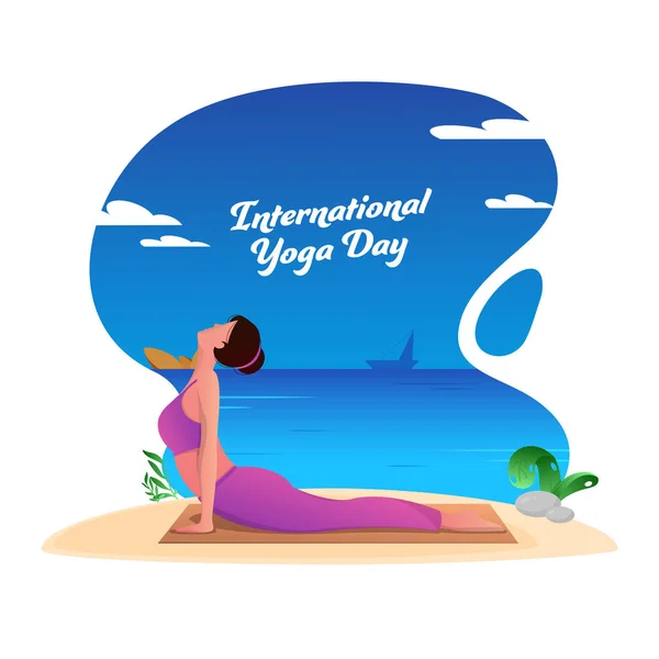 国际瑜伽日海报设计 年轻女子在白边和蓝边背景图上练习大黄松饼 — 图库矢量图片