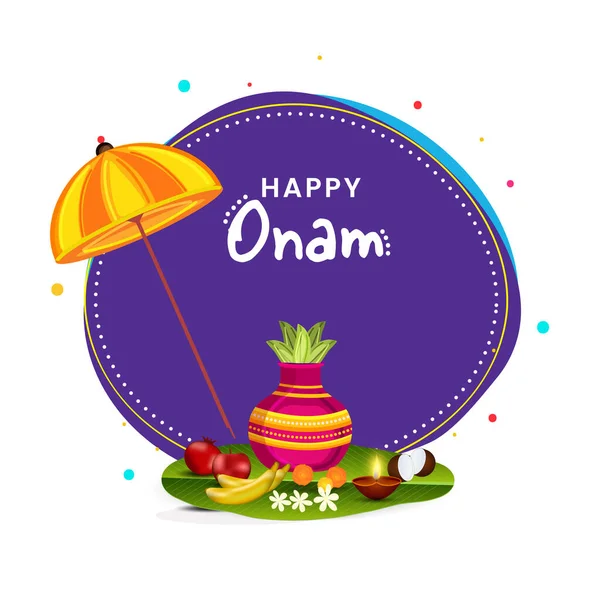 Happy Onam Celebration Concept Umbrella Worship Pot Fruit Flower Lit — Vector de stock