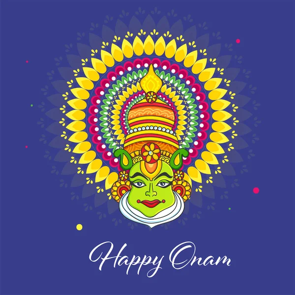 Happy Onam Greeting Card Kathakali Dancer Face Blue Background — Vetor de Stock