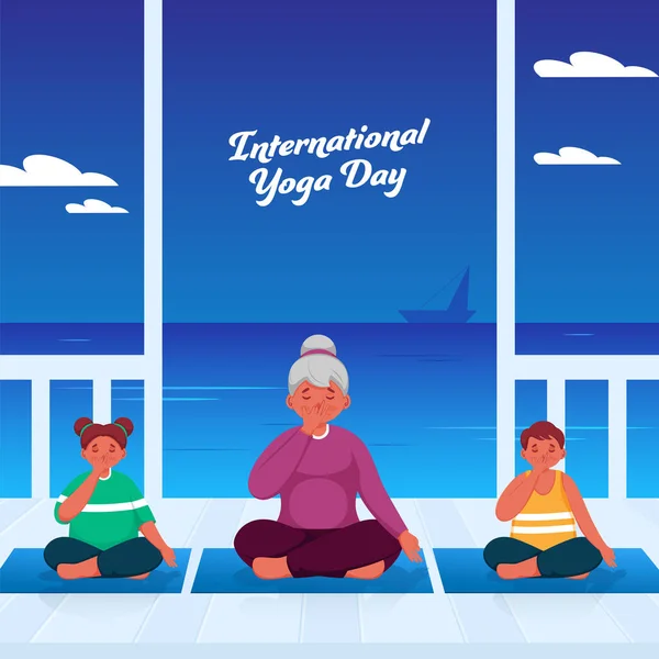 International Yoga Day Concept Cartoon Woman Children Doing Alternate Nostril — 스톡 벡터