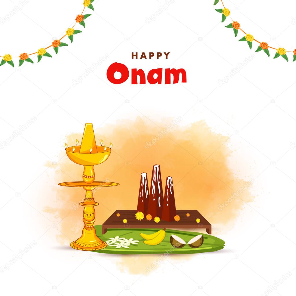 Happy Onam Celebration Concept With Thrikkakara Appan Idol, Fruits, Flowers Over Banana Leaves, Lit Oil Lamps Stand And Orange Watercolor Effect On White Background.