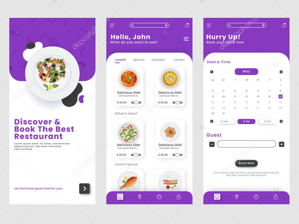 Restaurant Mobile App UI, GUI Or Splash Screen Template Login, Menu, Book Now For Advertising.