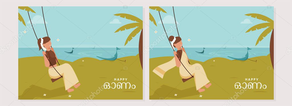 Happy Onam Celebration Greeting Cards With Young Lady Swinging On Nature View.