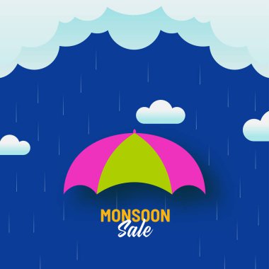 Şemsiyeli Muson Satış Posteri Tasarımı ve Mavi Arkaplanda Bulut Yağmuru.