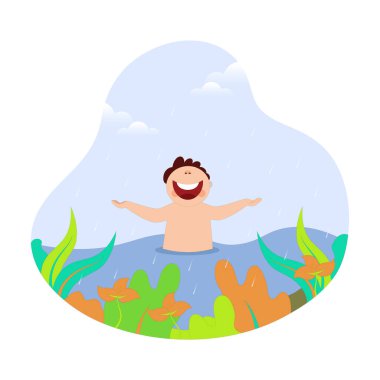 Neşeli genç çocuk Nehirde ya da denizde yağmurun keyfini çıkarıyor Mavi ve beyaz arkaplanda çiçeklerle.