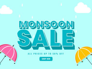 Şemsiye, Damlalar ve Bulutlarla Muson Satışı Poster Tasarımı için% 50 'ye varan indirim.