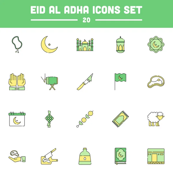 白の四角形の背景に緑と黄色に設定された20 Eid Adhaアイコン — ストックベクタ