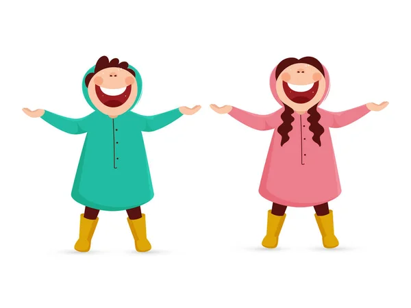 Cheerful Little Boy Girl Wearing Raincoat Standing Pose White Background — Stock Vector