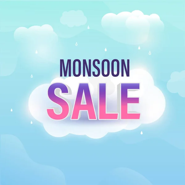Monsoon Sale Poster Design Rainy Clouds Glossy Blue Background — 스톡 벡터