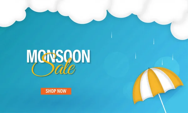 Monsun Sale Banner Design Mit Regenschirm Und Regenwolken Auf Blauem — Stockvektor