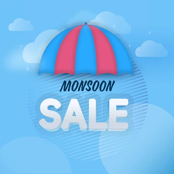 Monsoon Sale Poster Design Umbrella Blue Clouds Background — 스톡 벡터