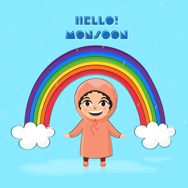 Hello Monsoon Lettering Cartoon Boy Standing Rainbow Clouds Blue Rain — Stock Vector