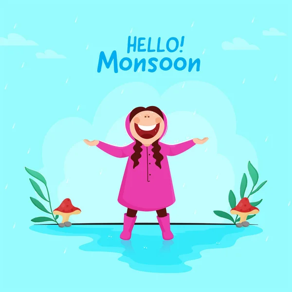 Hello Monsoon Poster Design Cheerful Young Girl Enjoying Rainy Season — Stock Vector
