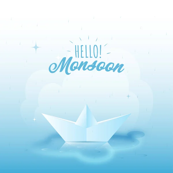 Hello Monsoon Poster Design Realistic Paper Boat Water Background — Stock Vector