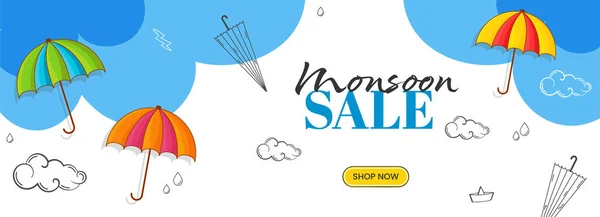 Monsoon Sale Banner Oder Header Design Mit Regenschirm Tropfen Wolken — Stockvektor