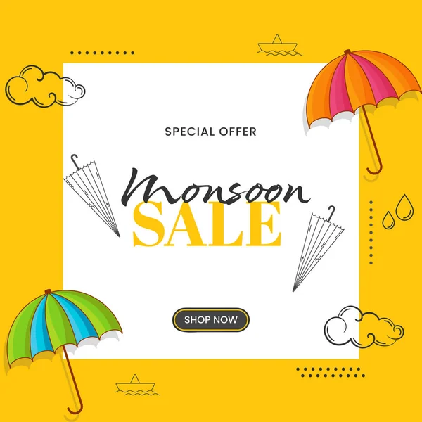 Monsoon Sale Poster Design Decorated Umbrella Drops Paper Boat Clouds — 스톡 벡터