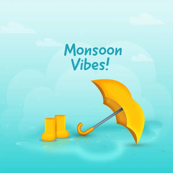 Monsoon Vibes Letras Con Paraguas Realista Botas Fondo Azul Cielo — Vector de stock