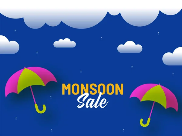 Monsoon Sale Poster Design Two Umbrella Water Drops Clouds Blue — Stock Vector