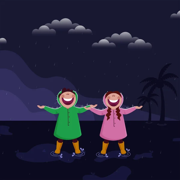 Fröhliche Junge Mädchen Und Jungen Genießen Regenzeit Auf Blauem Hintergrund — Stockvektor