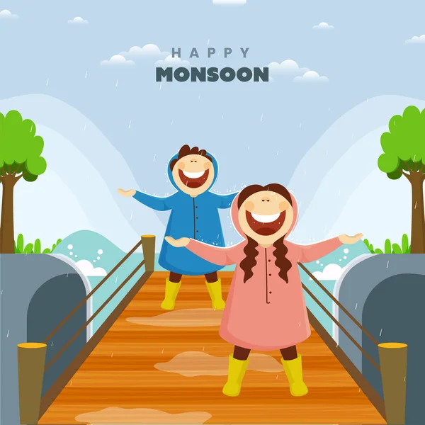 Hello Monsoon Background Cheerful Young Girl Boy Enjoying Rainfall Bridge — Stock Vector