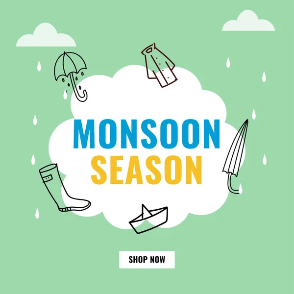 Monsoon Season Eladó Plakáttervezés Lineáris Esernyő Esőkabát Csizma Papírhajó Cseppek — Stock Vector