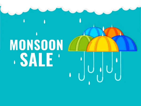 Monsoon Eladó Poszter Tervezés Színű Esernyő Vízcseppek Fehér Felhők Kék — Stock Vector
