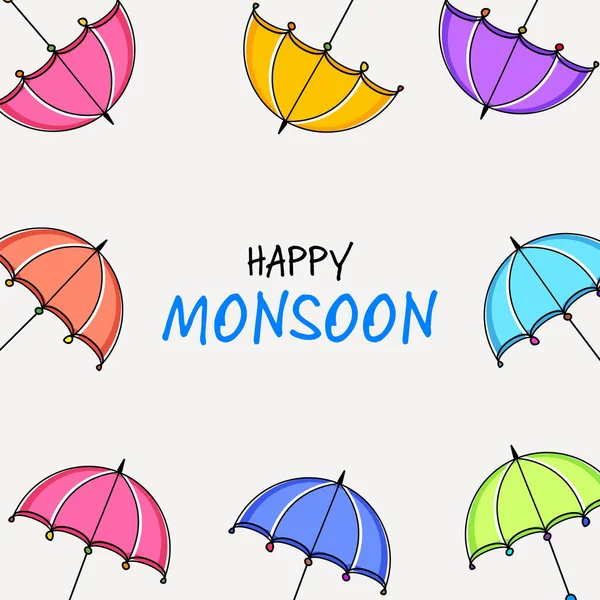 多彩的雨伞装饰在灰蒙蒙的背景上的快乐季风字体 — 图库矢量图片