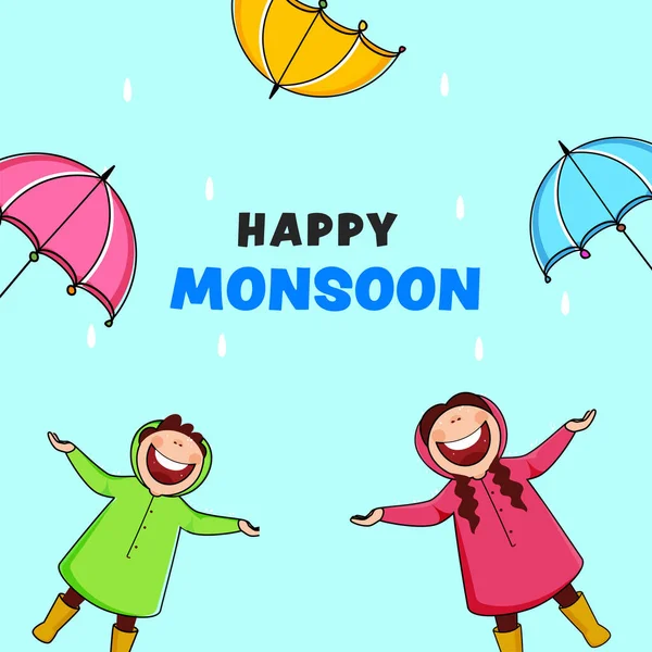 レインコートとカラフルな傘を身に着けている陽気な子供たちと幸せなモンスーンポスターデザインシアン背景 — ストックベクタ