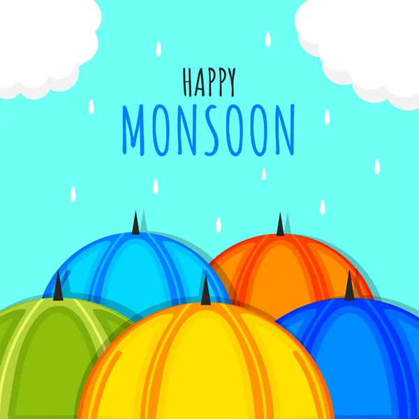 Happy Monsoon Poster Design Colorful Umbrella Clouds Drops Cyan Background — Stock Vector