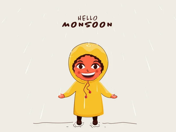 グレーの降雨の背景にレインコートを身に着けている陽気な小さな男の子とこんにちはモンスーンポスターデザイン — ストックベクタ